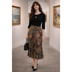 Boho Earthy Fairy Comfy Work Teacher Southern Lady‎ Paisley Ruffle Maxi LSkirt